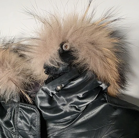 Mackage Small Down Parka Real Fur Trim Hood Long Puffer Coat Dark Green Womens S - Picture 11 of 16